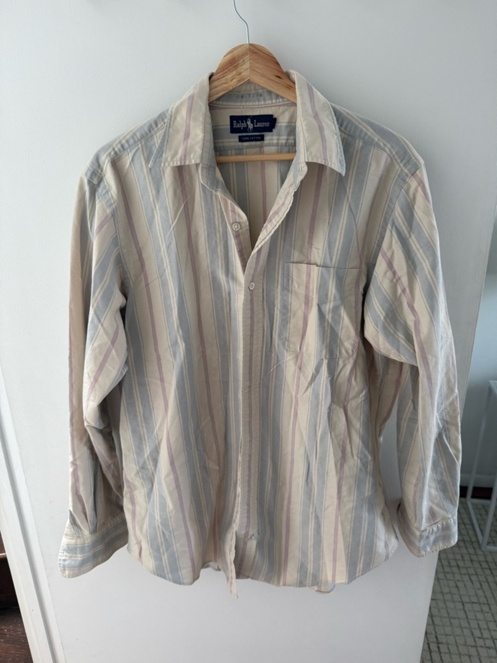 Ralph Lauren Striped Button-Up Shirt in Pastel Blue & Cream Size L